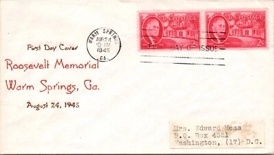 FDC 1946 SC #931 - Roosevelt Memorial (Red) - Warm Springs GA - Pair - F60113 - Image 1 of 2