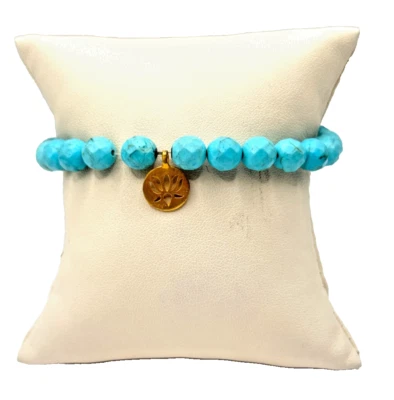 Turquoise Bead Bracelet With Gold Lotus Charm - Image 1 of 4