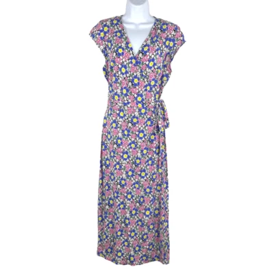 J. Vestido Crew Midi Envolvente Suave Viscosa Rosa Azul Flores Floral Para Mujer Pequeño Foto 1 de 4