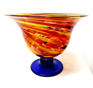 Ciotola con piedistallo stile Murano vintage alta 9" diametro 10" Vortice rosso/giallo - Foto 1 di 12