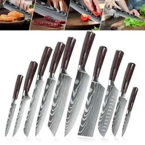 10 Piece Kitchen Knives Set Japanese Damascus Pattern Stainless Steel Chef Knife - Picture 1 of 48