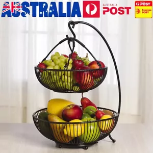 NEW 2 Tier Steel Wire Fruit Vegetable Basket Bowl Kitchen with Banana Hook AU - Picture 1 of 8
