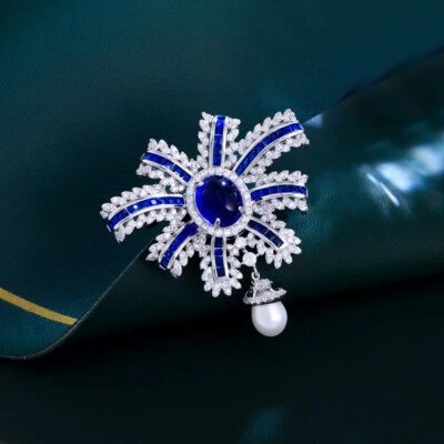 Silver Plated Blue Cubic Zirconia Ribbon Pearl Drop Wedding Brooch Clothing Pin - Image 1 of 4