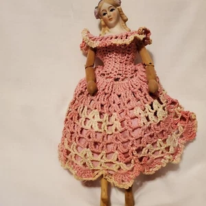 Vintage Shackman  Antique Look Bisque Doll w/ Jointed Wood Arms & Legs + Dress - Picture 1 of 6