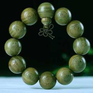 12MM Natural green sandalwood carved buddha Bracelet Energy Elegant Christmas