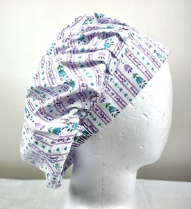 Bouffant Scrub Cap Chemo Hat Chef Handmade Cotton Purple Floral 23.5” to 33.5” - Picture 1 of 7