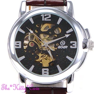 Automatico Meccanico Scheletro Steampunk Pelle Marrone Argento a Carica Orologio - Imagen 1 de 12