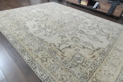 9.5x12.5 ft Floral Vintage Turkish Oushak Rug, Beige Bohemian Handmade Wool Rug - Image 1 of 4