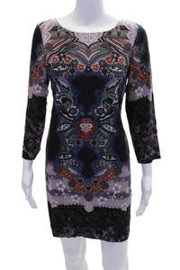 Tibi Womens 3/4 Sleeve Scoop Neck Floral Silk Shift Dress Black Multi Size 6 - Picture 1 of 7