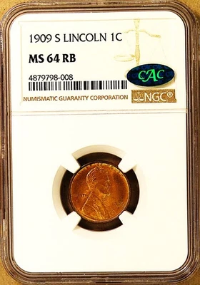Lincoln Cent 1909-S Certified NGC MS-64 RB CAC! Absolutely Stunning PQ near-Gem! - Image 1 of 4