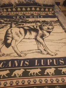 Large Gray Wolf Canis Lupus Tapestry Blanket 64×42" Paw Prints Pine Trees Fringe - Picture 1 of 7