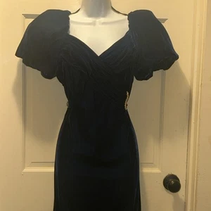 Vtg 80s Prom Velvet Puff Sleeves Princess Fairy Ball Gown Dress Blue - Picture 1 of 8
