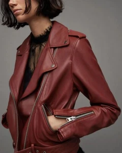 Chaqueta de motociclista de cuero con dobladillo con cinturón ALLSAINTS Balfern rojo fuego talla 6 WL166Z-7222 - Imagen 1 de 4