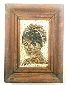 Vintage Handicraft Mosaic Stone Painting masterpiece Face A women Wood Frame 9" - Picture 1 of 9