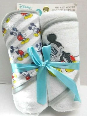 Disney Mickey Mouse 2 Pack Hooded Towels Grey/White Baby Boys 26" X 30" - Image 1 of 4