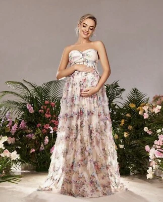 Maternity Floral Mesh Ruched Bustier Formal Party Dress. Pregnancy Photoshoot. - Image 1 of 4