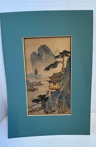 Vintage Asian Landscape Painting with Temple and Cherry Blossom Scenic Wall Art - Picture 1 of 6