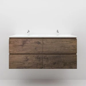1200mm Dark Oak MDF Bathroom Vanity 2 Drawers Wall Hung with Ceramic Top - Picture 1 of 14