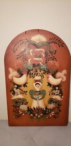 Vintage Tole Painting JANE BARRIENTOS signed 1989 Lady & Chickens Wood Plaque - Picture 1 of 13