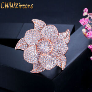 CWWZircons Cubic Zirconia Flower Leaf Micro Pave Big Rose Gold Ring for Women 