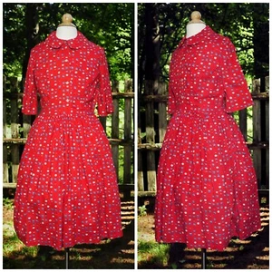 VTG 60's Girls Holiday Red Cotton School Church Dress 12/14 Hats on Stands Print - Picture 1 of 12