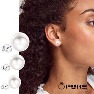 Freshwater Pearl 925 Sterling Silver White Stud Earrings Set Ball For Women Gift - Picture 1 of 6