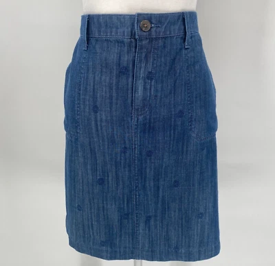 Falda Talbots Talla 8 Pequeña Azul Denim Cremallera Bolsillos Frontales Bordada Informal Boho Foto 1 de 4