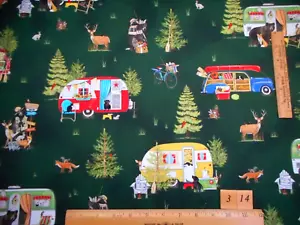 Kaufman Fabric By Yard Lake House Retro Camping Animal Scene Forest Green Cotton - Picture 1 of 4