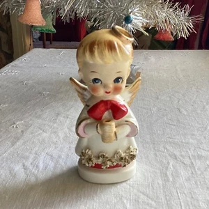 Vintage Napco Ceramic Angel Red Bow Gold Halo Wings 12cm figurine ornament - Picture 1 of 7
