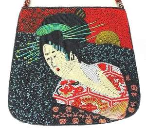 Chico’s Japanese Woman Geisha Beaded Zippered Handbag Purse - Picture 1 of 8