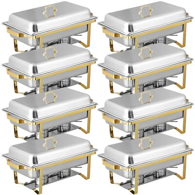 Paquete de 8 platos buffet de acero inoxidable de 8 cuartos de galón calentador de alimentos con patas de marco dorado Foto 1 de 4