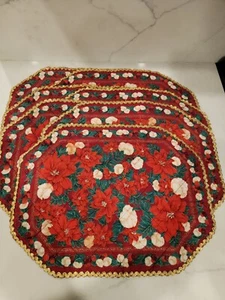 Vintage Poinsettia Tapestry Placemats Deep Red Gole Trim Set of 7 12" x 16" - Picture 1 of 2