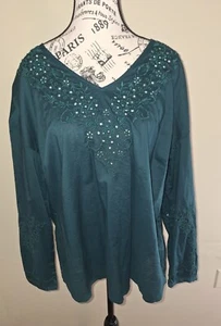 Ladies LARGE Sonoma Forest Green Blouse Embroidered- BEAUTIFUL GREEN TOP LARGE - Picture 1 of 15