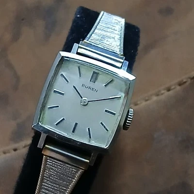 Vintage Ladies Buren 08 17 Jewel Manual Wind Watch Haka Fashion SS Bracelet  - Image 1 of 4