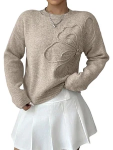 Damen 3D Blumen Applikationen Rundhalsausschnitt Pullover Langarm Schulterfrei 1585 - Bild 1 von 13