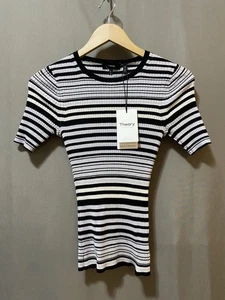 NWT Theory Women Short Sleeve 100% Merino Wool Rib Knit Top Size P Black Striped - Picture 1 of 16
