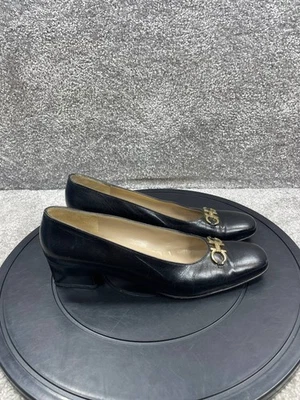 Salvatore Ferragamo Heel Womens Size 8.5 Narrow Gancini Pump Black Leather Block - Image 1 of 4
