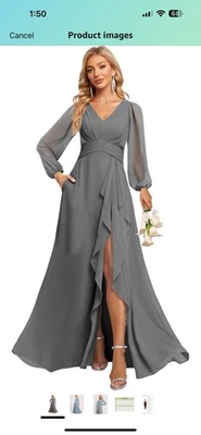 Mujer Vestidos de Dama de Honor con Volantes y Abertura Largo Vestido Formal con Bolsillos Gris Foto 1 de 3