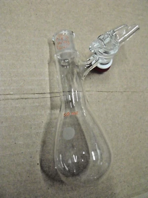 LAB GLASS INC 50mL 14/20 SCHLENK KJELDAHL DISTILLATION REACTION FLASK w/STOPCOCK - Image 1 of 4