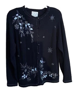 Vintage Stitches In Time Cardigan Womens Medium Black Embroidered Winter Sweater - Picture 1 of 7