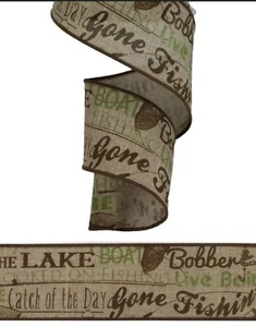 Fishing WIRED ribbon 2" green Brown Gone Fishing ribbon 5 Yards~ ships free! - Picture 1 of 1