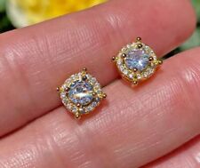 2Ct Round Natural Real Moissanite Halo Stud Earrings 14K Yellow Gold Plated