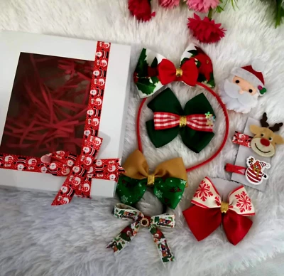 Handmade Christmas Gift Box Party Box Felt Santa Hair Band Hair Clips Baby girl - Image 1 of 2