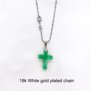 Genuine Green Jade Cross Pendant Necklace, Gold Plated, White Gold Plated, Lucky - Picture 1 of 11
