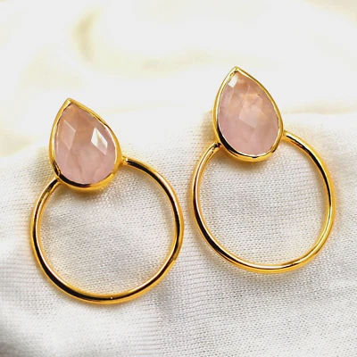 Natural Pink Rose Quartz Dangle Post Handmade Earring Solid 925 Silver Jewelry Foto 1 de 4