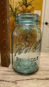 1923-1933 Quart Size BALL Mason Blue Glass Jar -RARE #13 - *****BIG BUBBLES***** - Picture 1 of 9