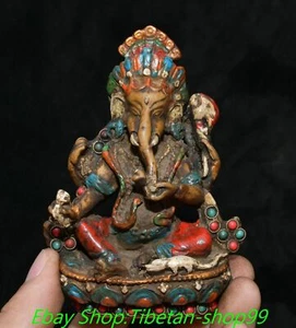 4.3'' Old Tibet Wood Painted Inlaid Turquoise Dzi Beads Elephant God Statue - Picture 1 of 8