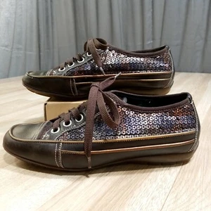 Donald Pliner Shoes Womens Sz 6.5M EU 37 Brown Lace Up Seguins Sneaker - Picture 1 of 11