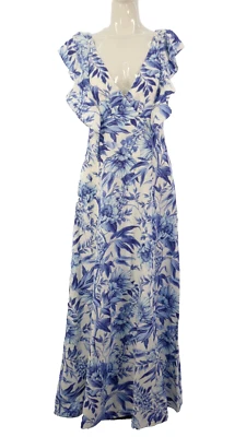 Maxi Vestido HM Mezcla de Lino Blanco Azul Estampado Floral Corte Bajo Espalda Bohemio Reino Unido 8 Foto 1 de 4