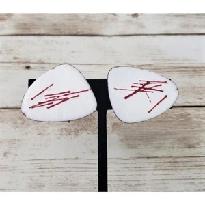 Vintage Clip On Earrings - Artsy White with Red Lines - Picture 1 of 4